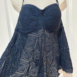 New Navy Blue 2-Piece Mesh Halter Tankini Bathing Suit, Size 1X  (NWOT)